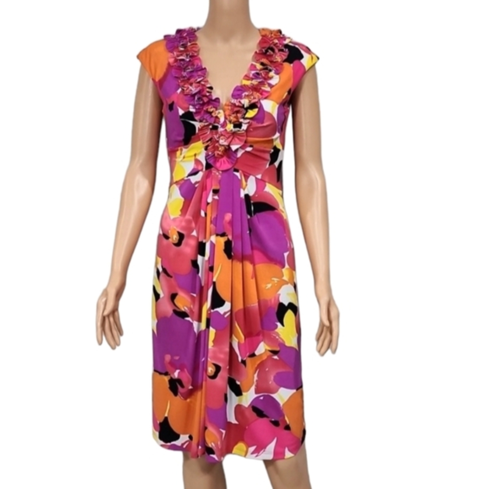 Maggy London Womens  Multicolored Floral‎  Print V Neck Mid Dress Size 4